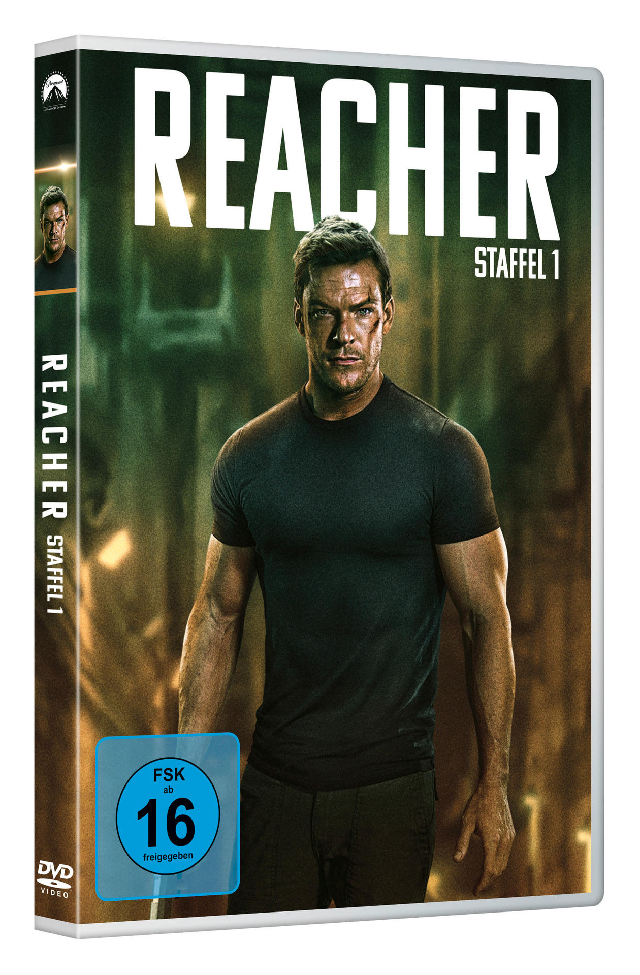 DVD-Hülle für 'Reacher' Staffel 1, mit einem Mann in schwarzem Hemd und blauem Altersaufkleber.