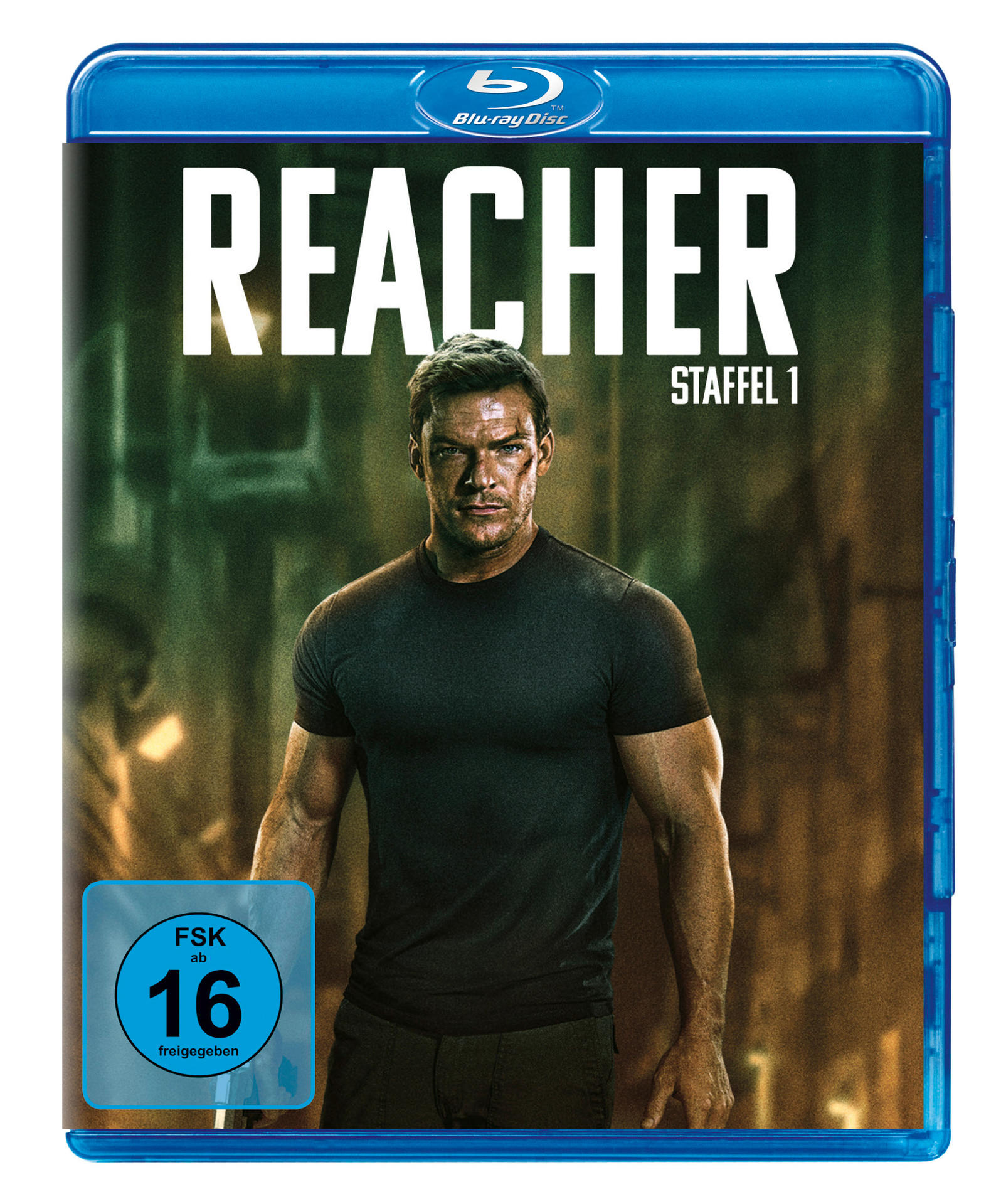 Blu-ray-Cover für 'Reacher', ein Mann mit Narbe, dunkler Hintergrund und Text.