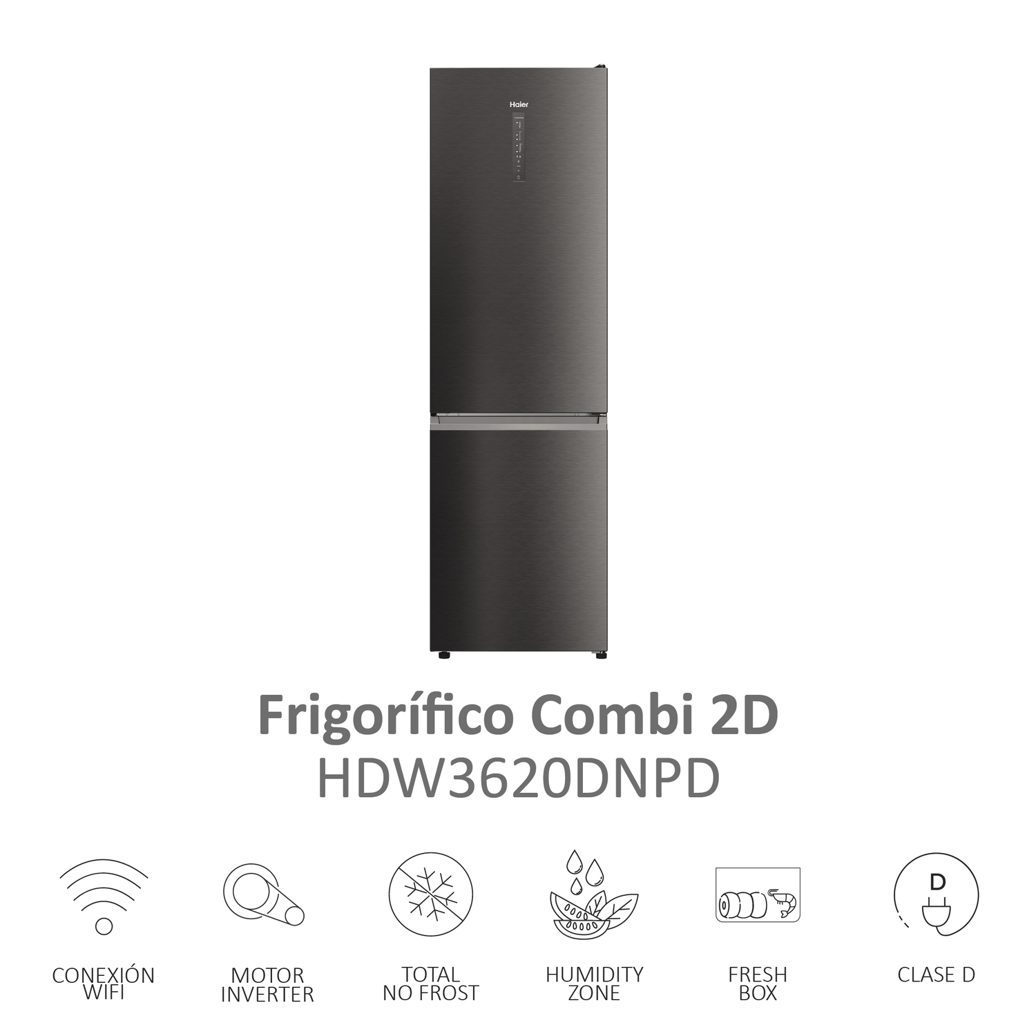 Refrigerador Haier negro con diseño combinado. Texto en español. Fondo blanco.