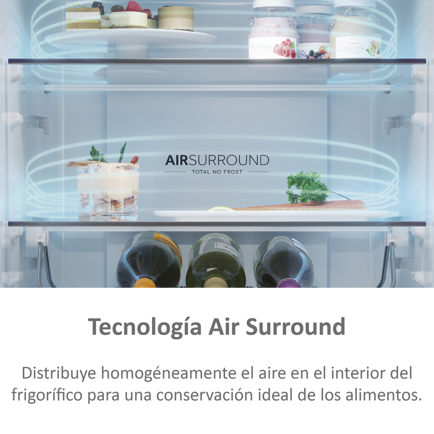 Interior de nevera con comida en estantes, rodeado de luz azul, y el texto 'Air Surround'.