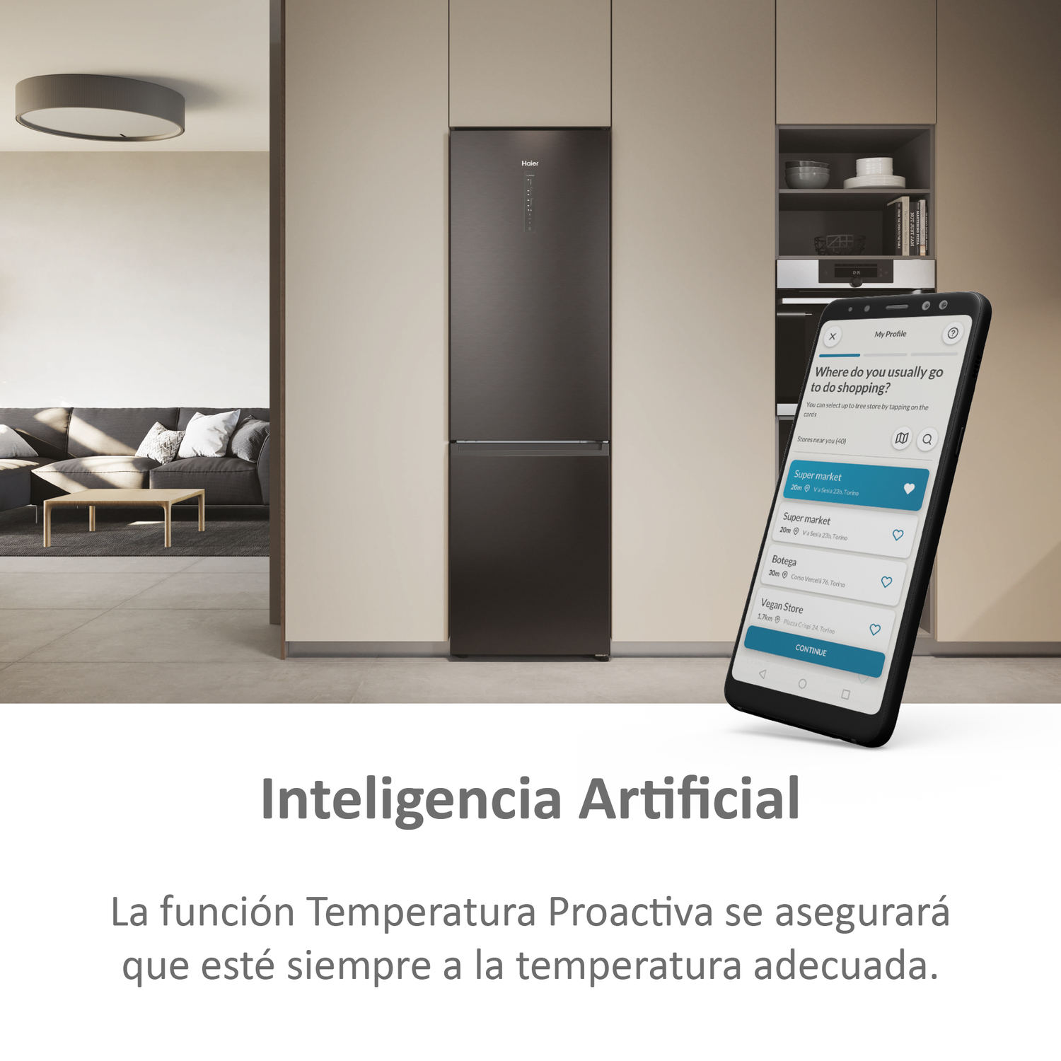 Un refrigerador negro moderno con un teléfono inteligente que muestra listas de compras. El texto dice 'Inteligencia Artificial'.