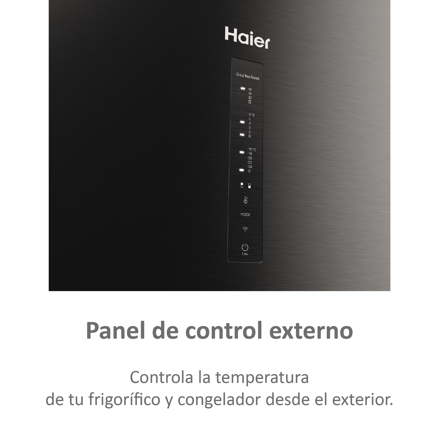 Primer plano del panel de control de un refrigerador Haier. Texto: 'Panel de control externo'.