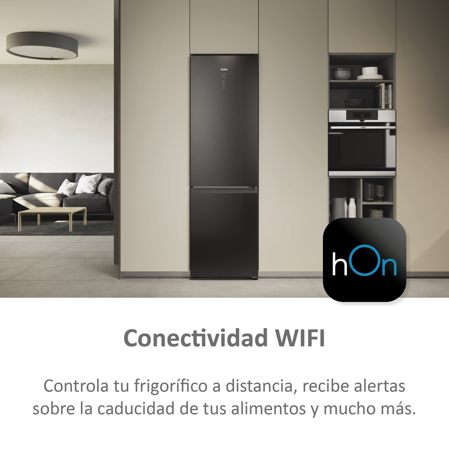 Un refrigerador negro en una cocina con un icono WIFI.