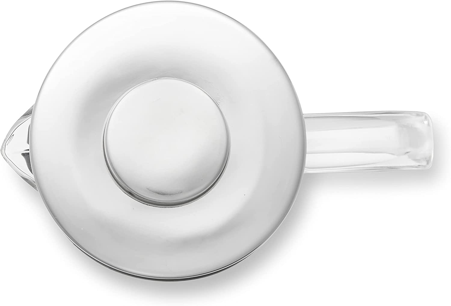 Tetera de vidrio, vista superior, tapa puesta. La tetera está sobre fondo blanco.