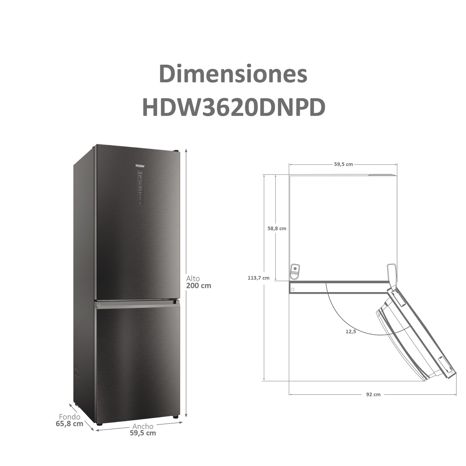 Refrigerador negro con dimensiones mostradas. Puerta del refrigerador a la izquierda, congelador abajo.