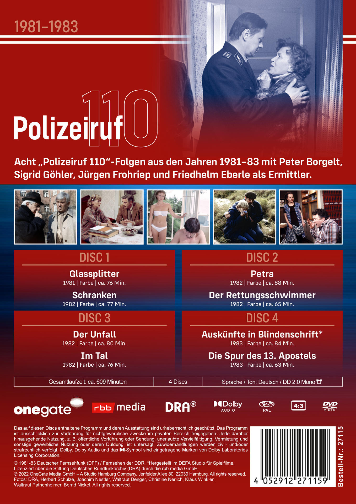 DVD-Rückseite mit Disc-Informationen. Titel sind 'Polizeiruf 110' Episoden von 1981-83.