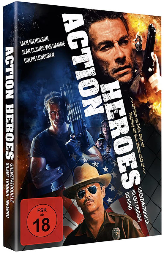Filmcover: 'ACTION HEROES' mit Jack Nicholson. Das Cover zeigt Actionszenen und Text.