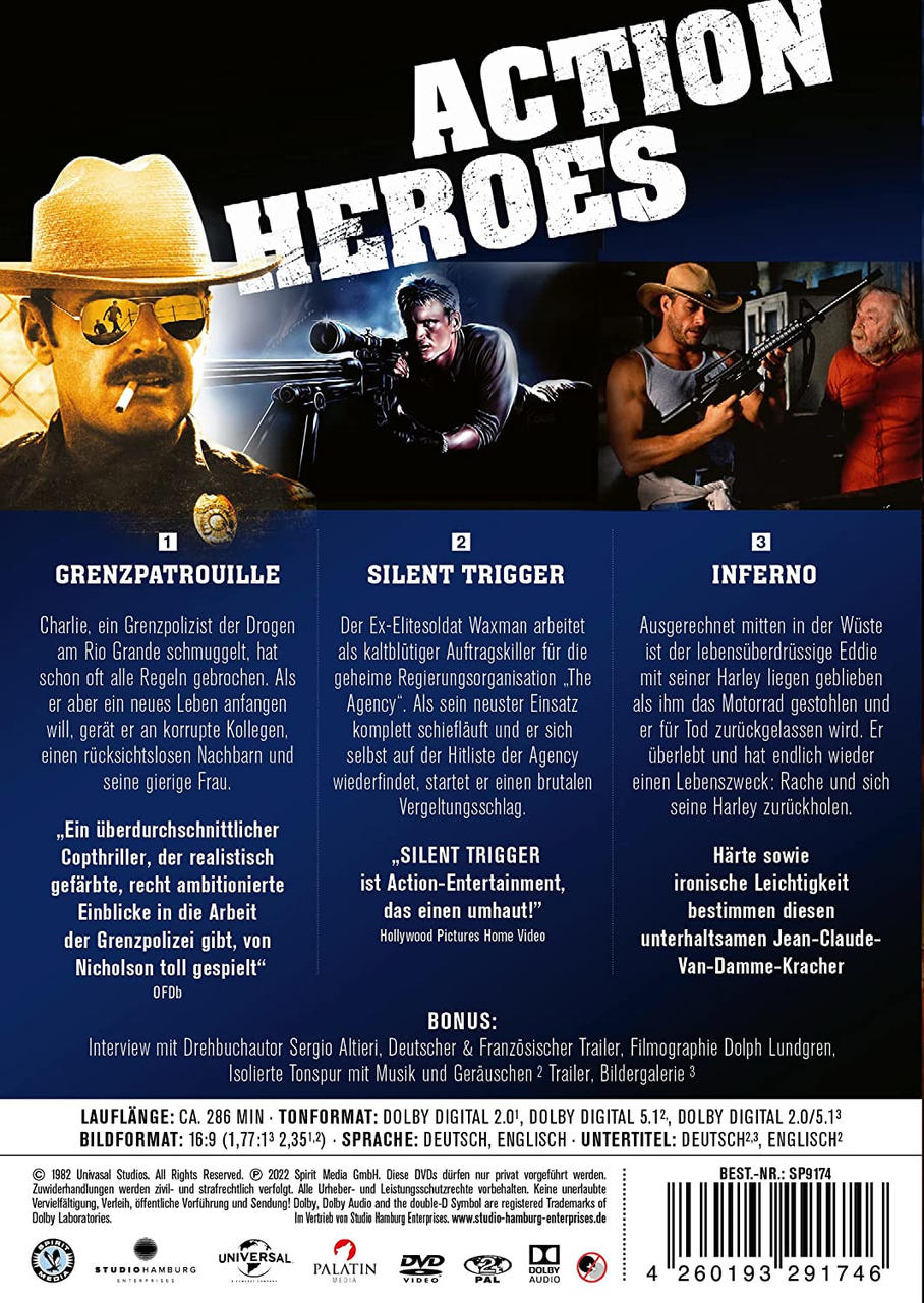 DVD-Cover des Films Action Heroes. Enthält 3 Filmcover und Text auf Deutsch.