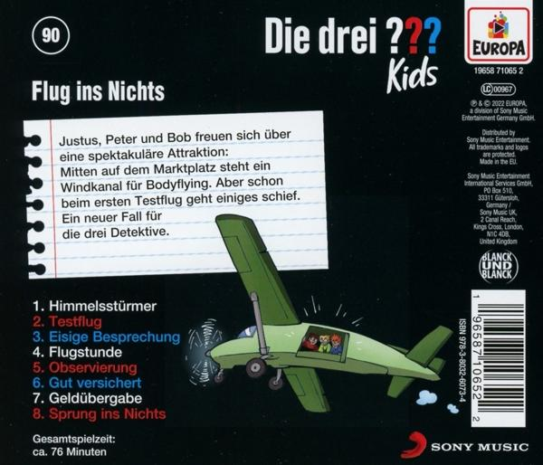 Buchcover mit dem Titel "Die drei ??? Kids Flug ins Nichts." Hat ein Cartoon-Flugzeug und Text.