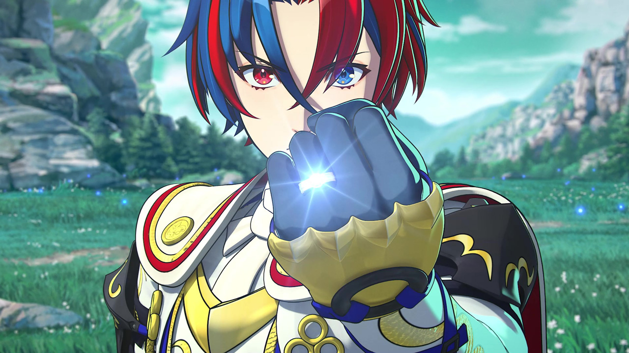 Anime-Charakter in Rüstung. Der Charakter zeigt seine Faust auf den Betrachter.