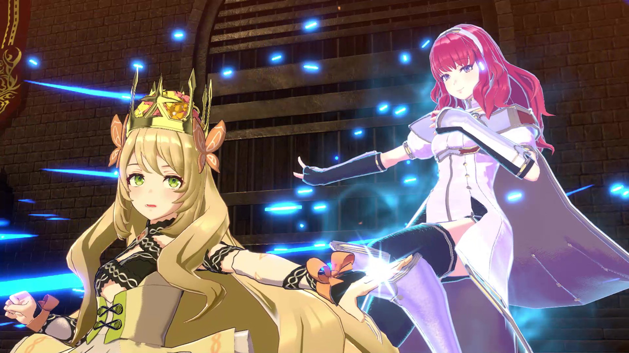 Anime-Stil-Bild von zwei Frauen. Eine mit Krone, die andere in weißem Outfit, mit blauen Effekten.