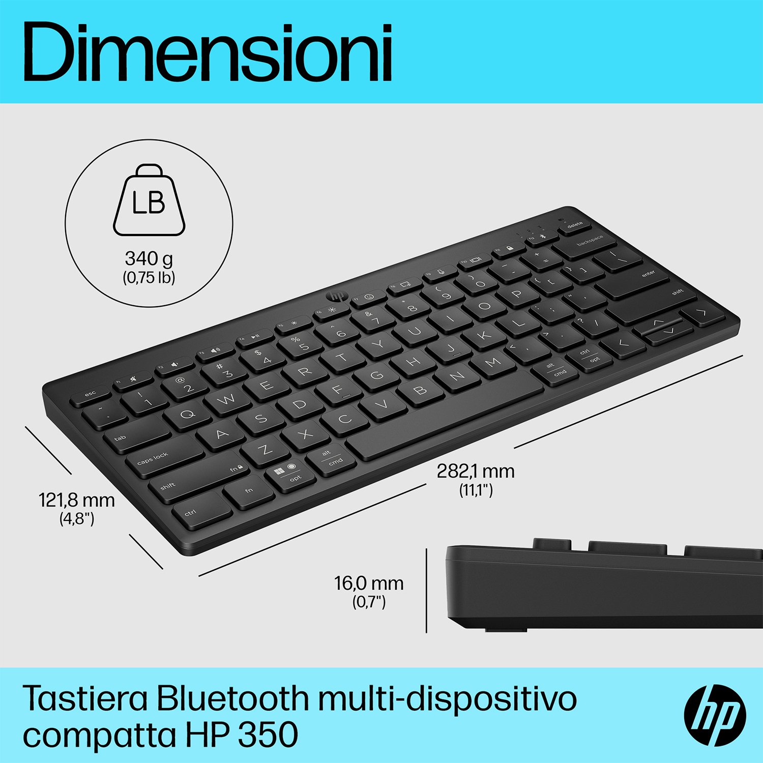 Tastiera HP nera con dimensioni, peso e tasti etichettati su sfondo bianco. Testo in italiano presente.