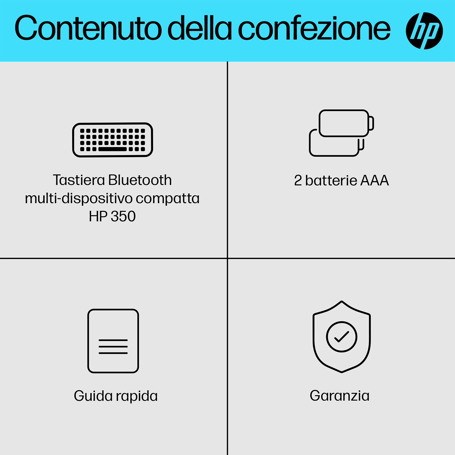Quattro icone in una scatola: tastiera, due batterie, una guida rapida e una garanzia. Sfondo grigio.