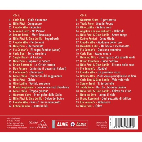 CD-Album mit Titellisten, Künstlernamen und Albumtitel auf Italienisch.