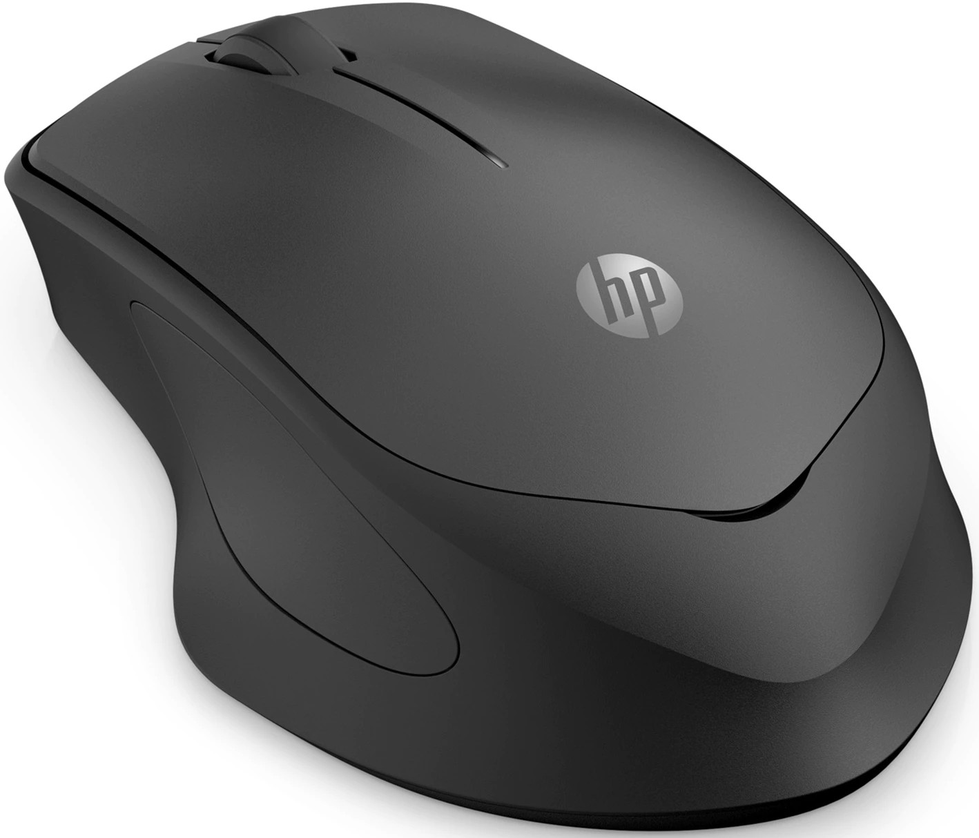 Black HP wireless mouse with the HP logo, a scroll wheel, and a curved design.