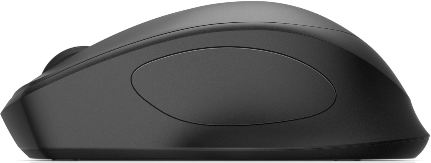 Black computer mouse, side view. Has a scroll wheel and a curved design.