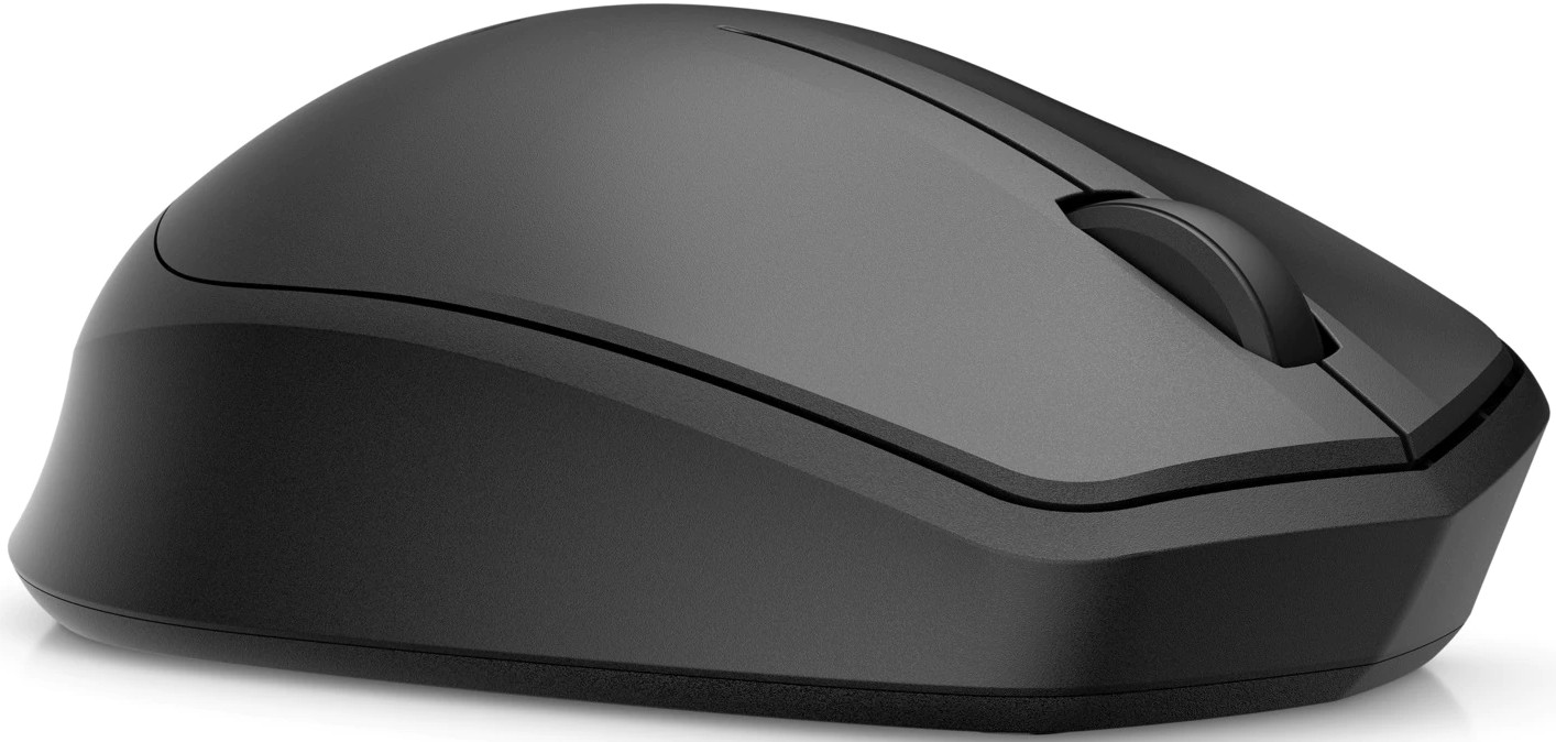 Black wireless mouse angled view, with scroll wheel. The mouse is on a white background.