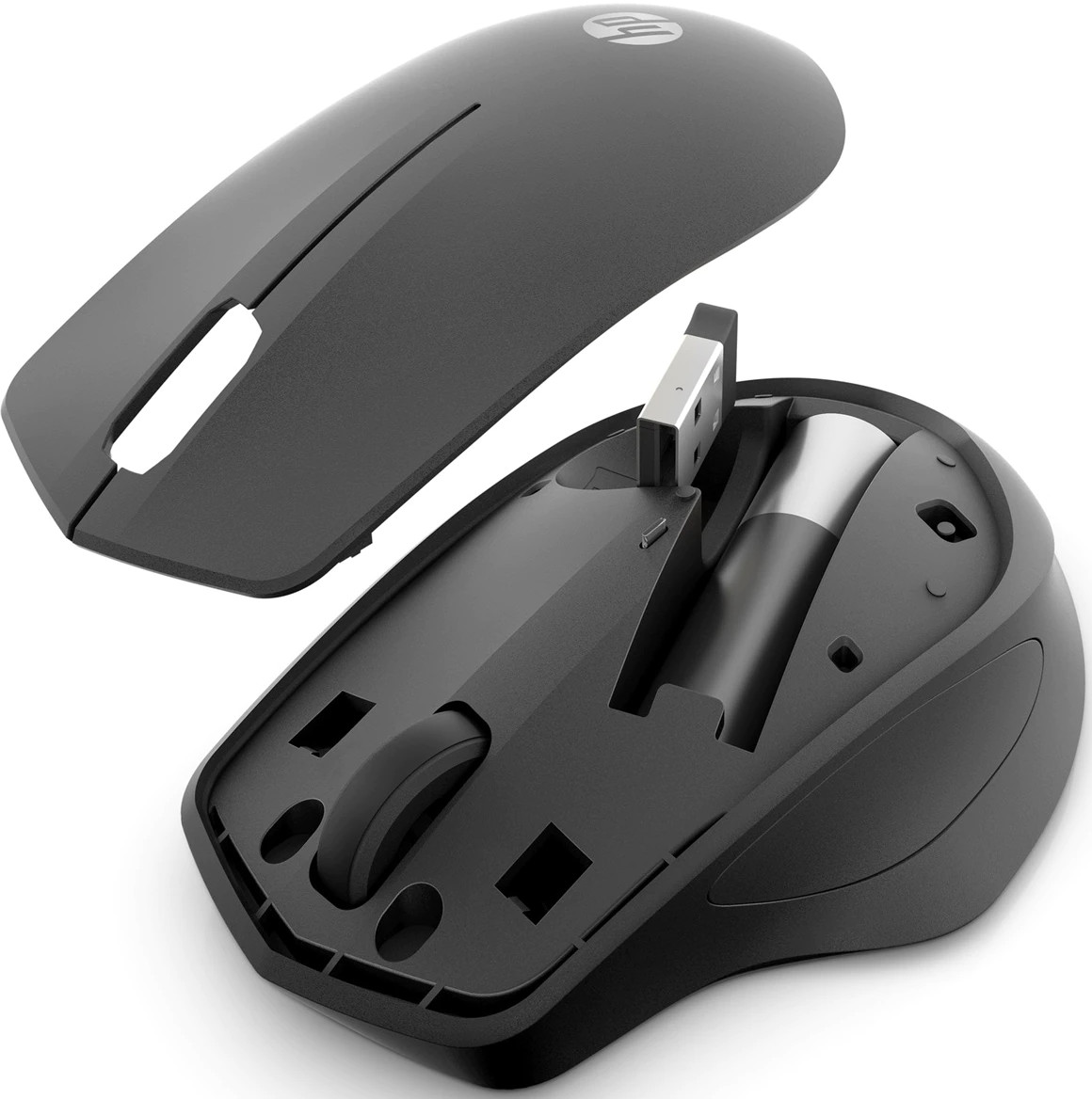 Black wireless mouse disassembled, revealing battery, USB receiver and scroll wheel.