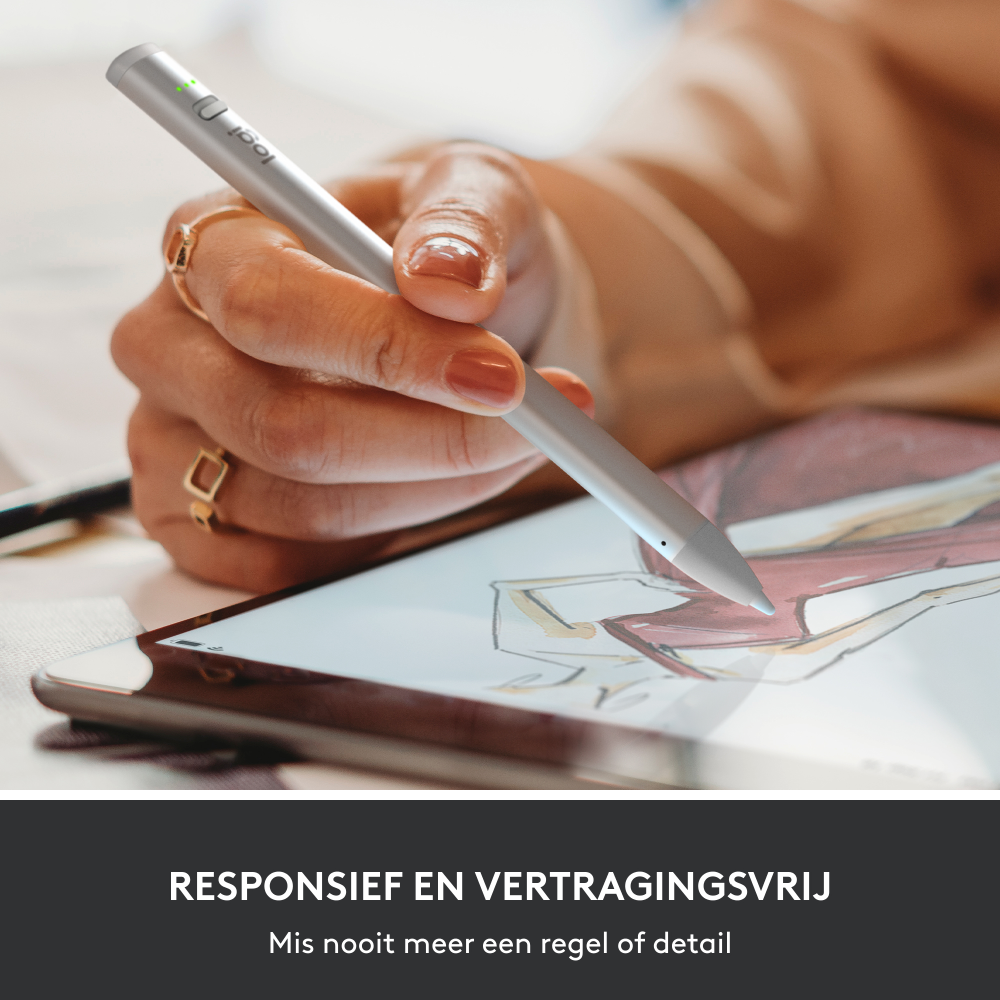 A person is holding a silver stylus pen over a tablet. Text: 'Responsive and lag-free'.