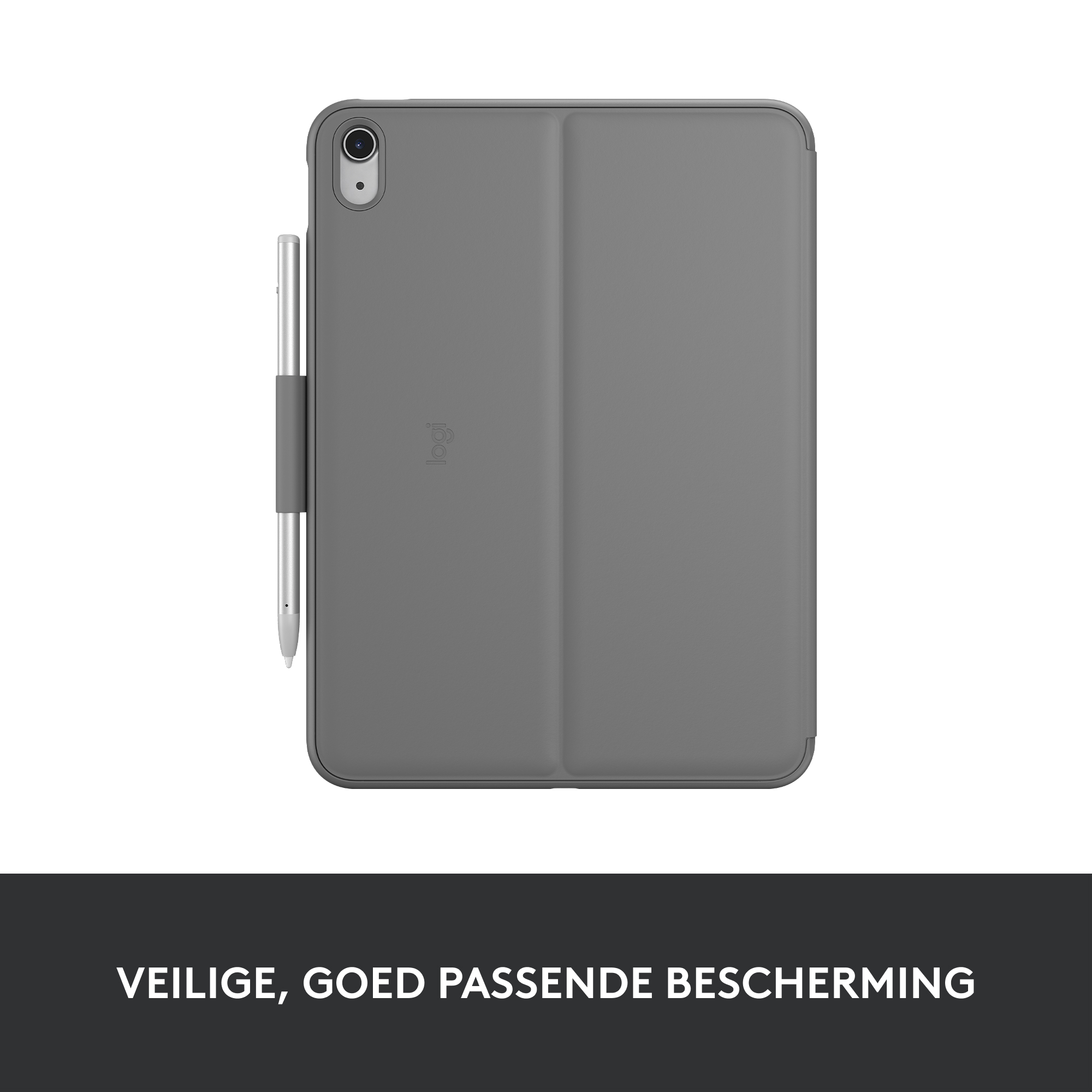 iPad in a grey case, with a stylus clipped to the side.