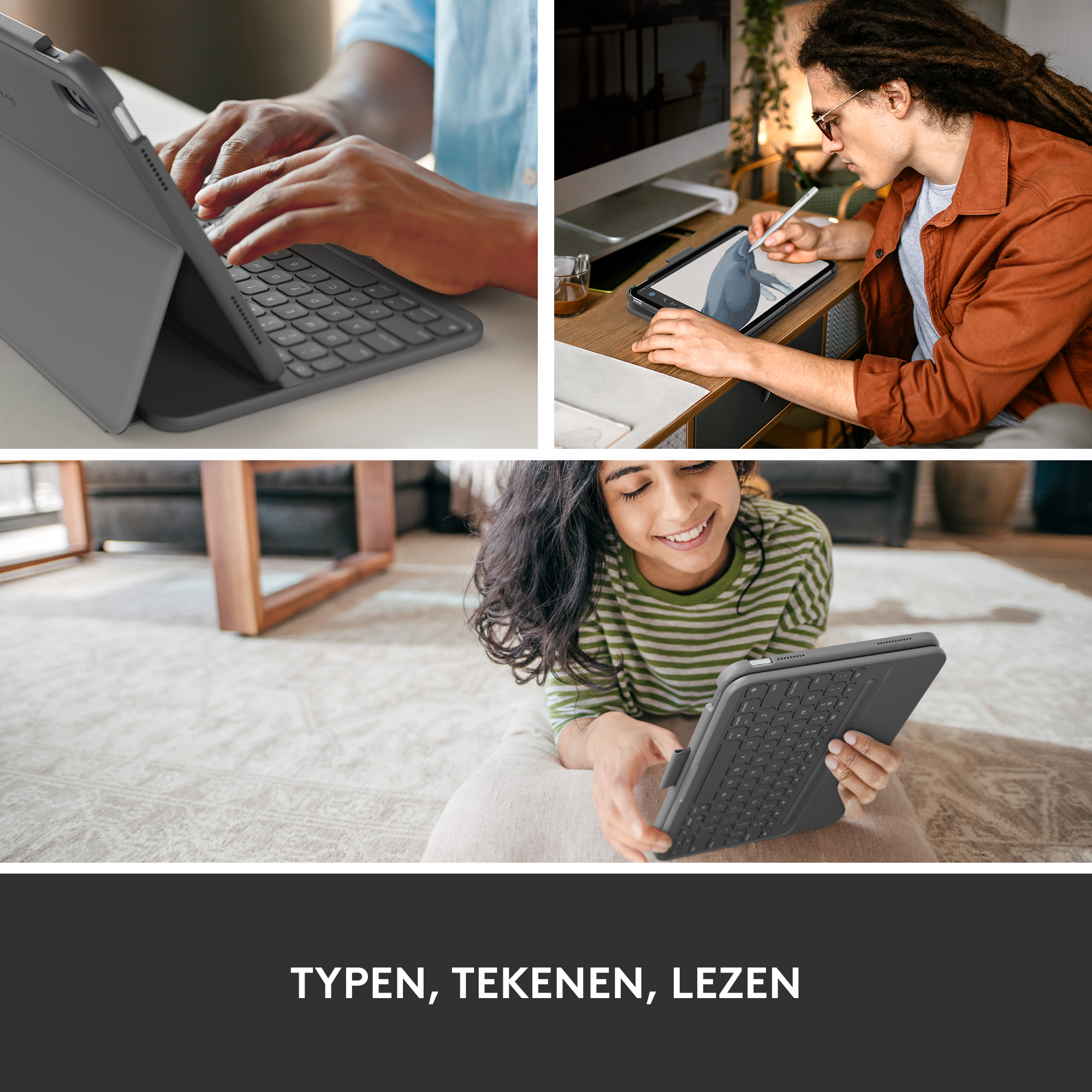 A collage of people using tablet with keyboard case. Text: Typen, tekenen, lezen.
