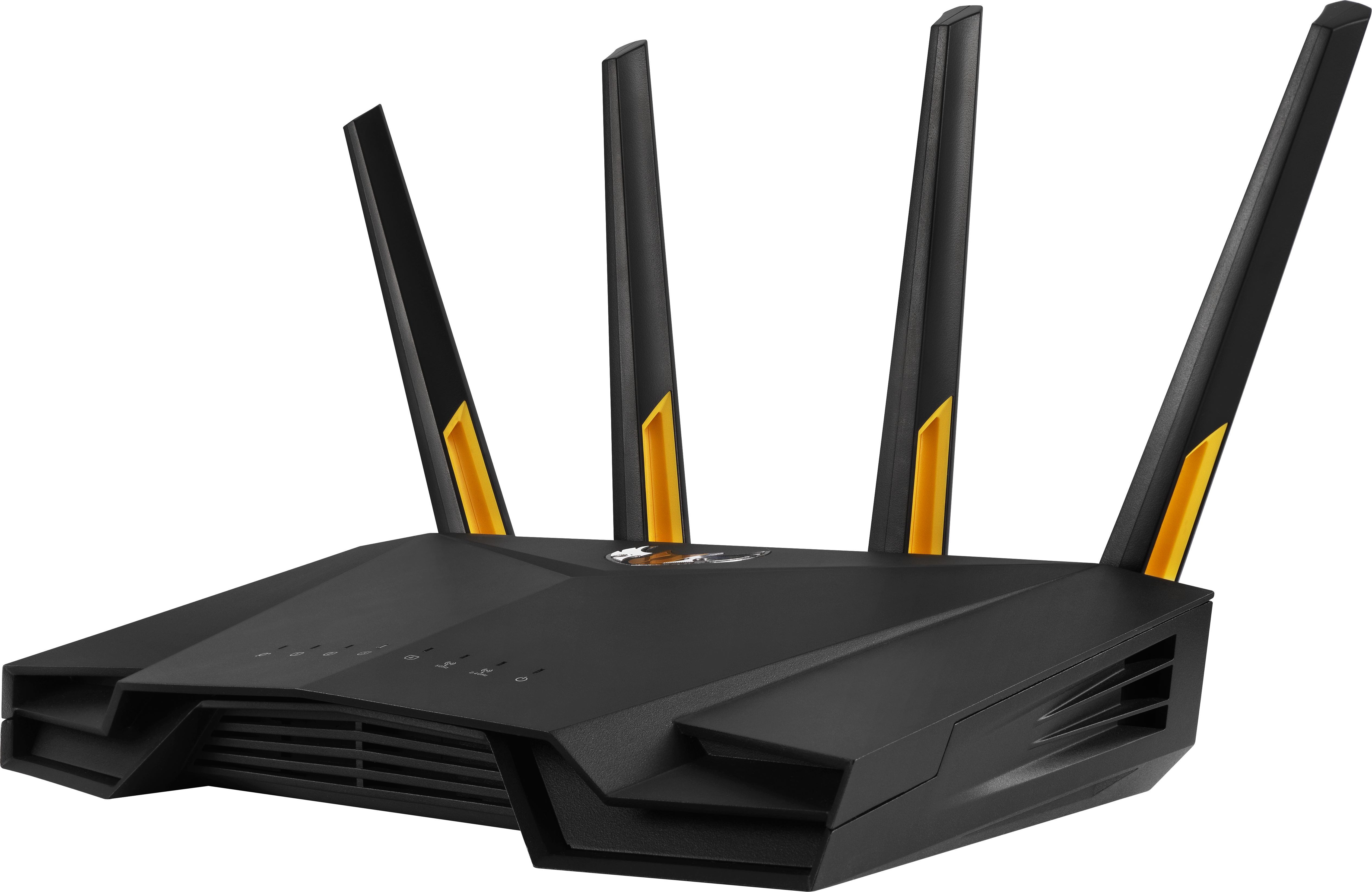 Egy fekete router négy antennával, sárga és fekete dizájnelemekkel.