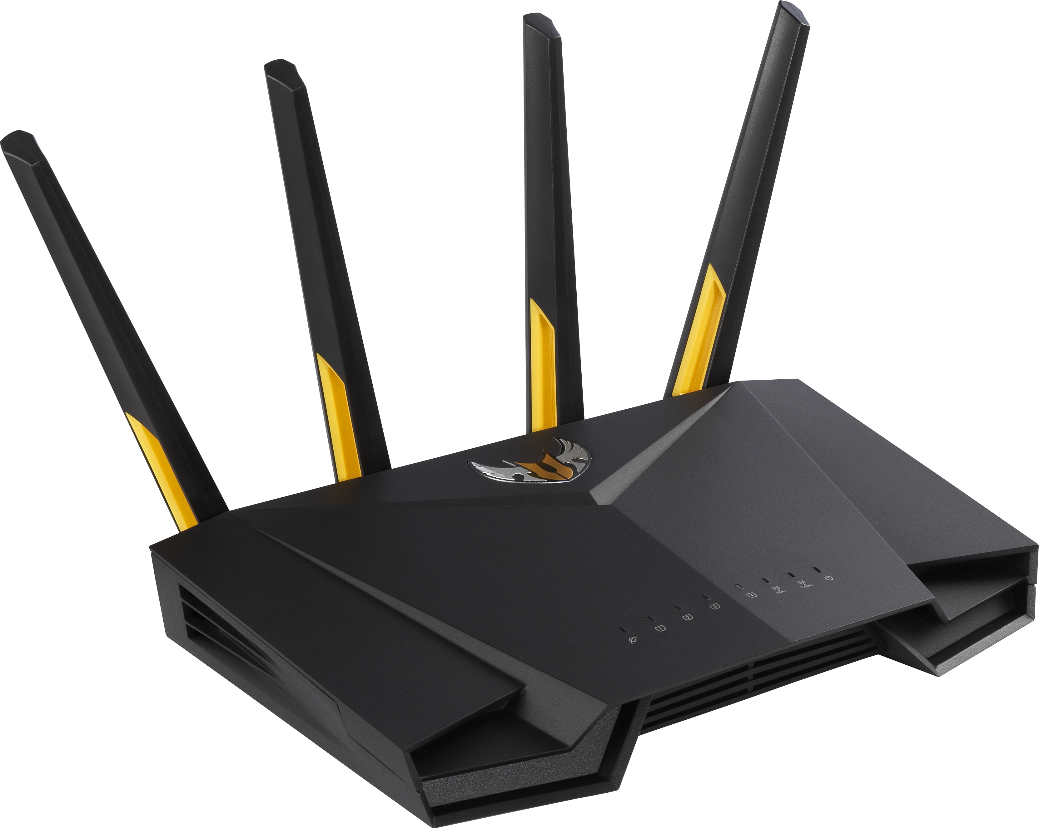 Fekete router négy sárga akcentussal ellátott antennával. A készülék fekete háttéren van.