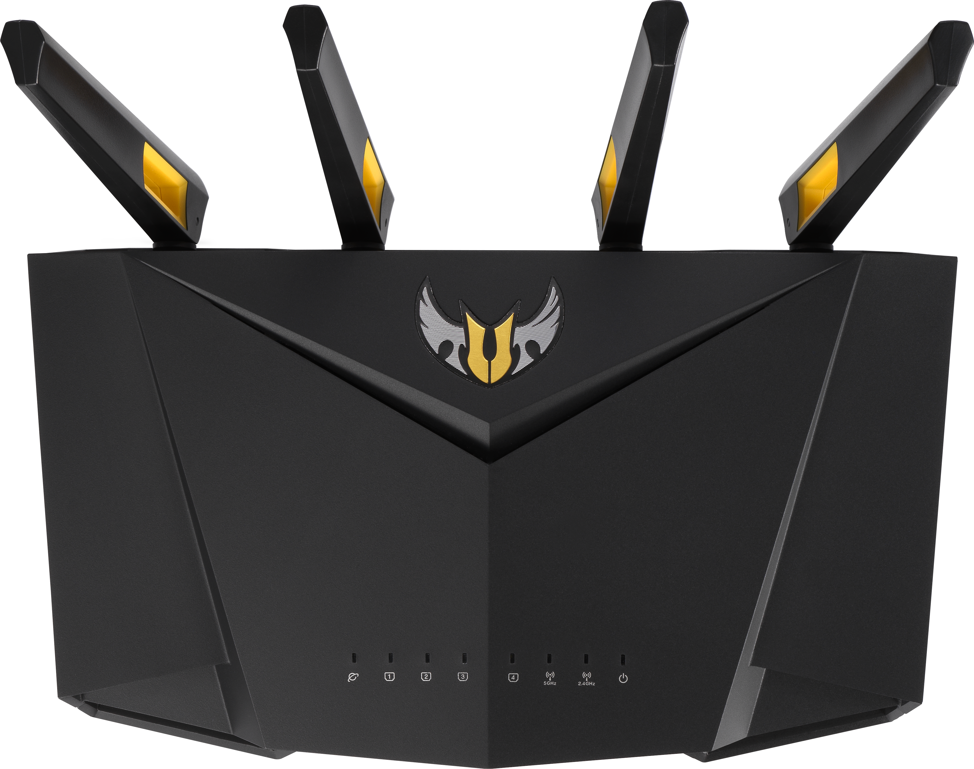 Fekete router négy antennával, sárga díszítéssel és az ASUS TUF logóval elöl.