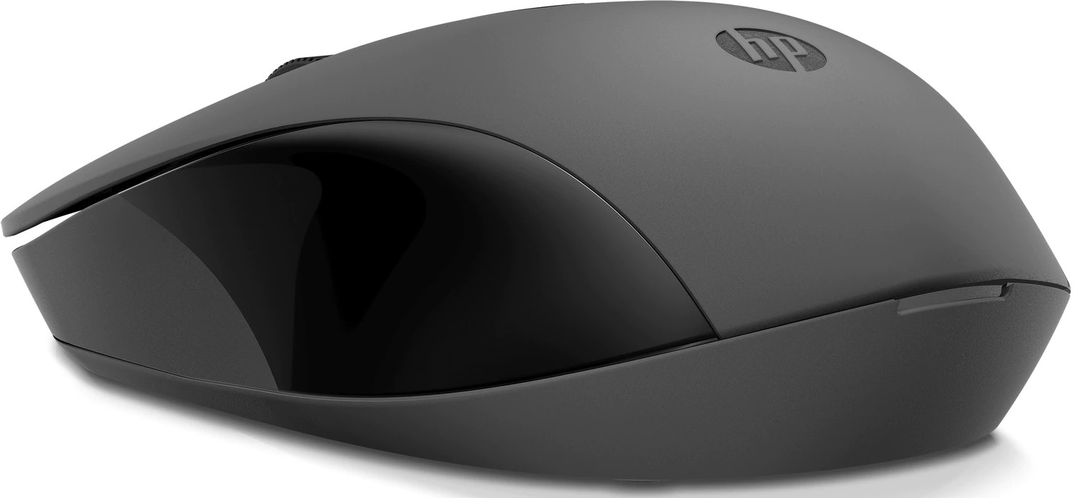 Close-up of a gray HP wireless mouse. Black glossy panel. White background.