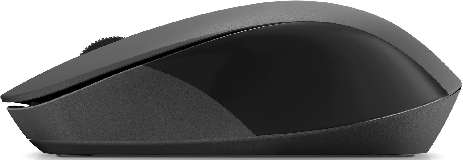 A dark gray wireless mouse. A scroll wheel and a black side are visible. The mouse is on a flat surface.