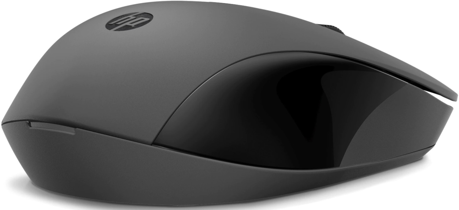 A gray HP wireless mouse on a white background. The mouse is curved.