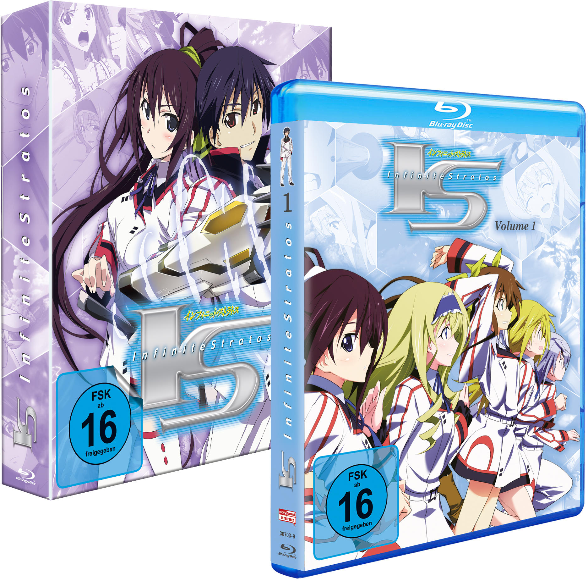 Zwei Blu-ray-Disc-Hüllen, Anime-Kunst, blaues und weißes Farbschema, FSK 16-Label.