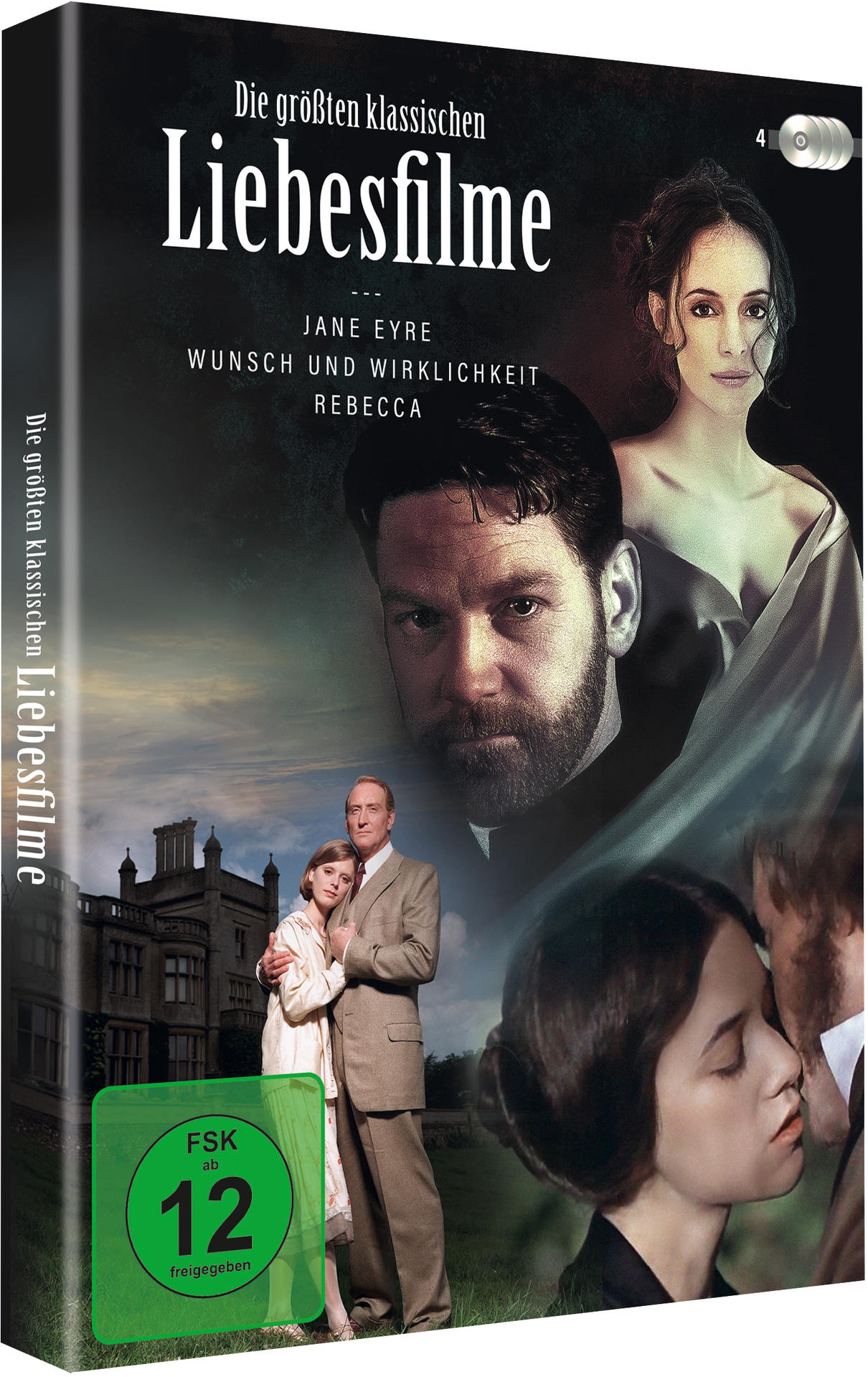 DVD-Cover von 'Die größten klassischen Liebesfilme'. Zeigt Schauspieler aus 'Jane Eyre' und 'Rebecca'.
