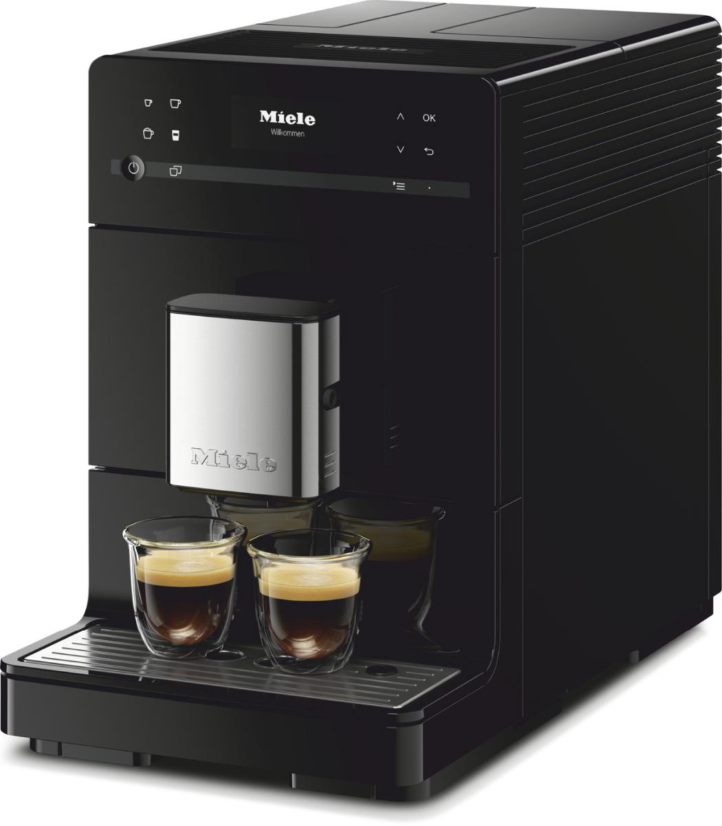 Schwarze Miele-Kaffeemaschine, zwei Gläser mit Kaffee auf einem grauen Tablett.