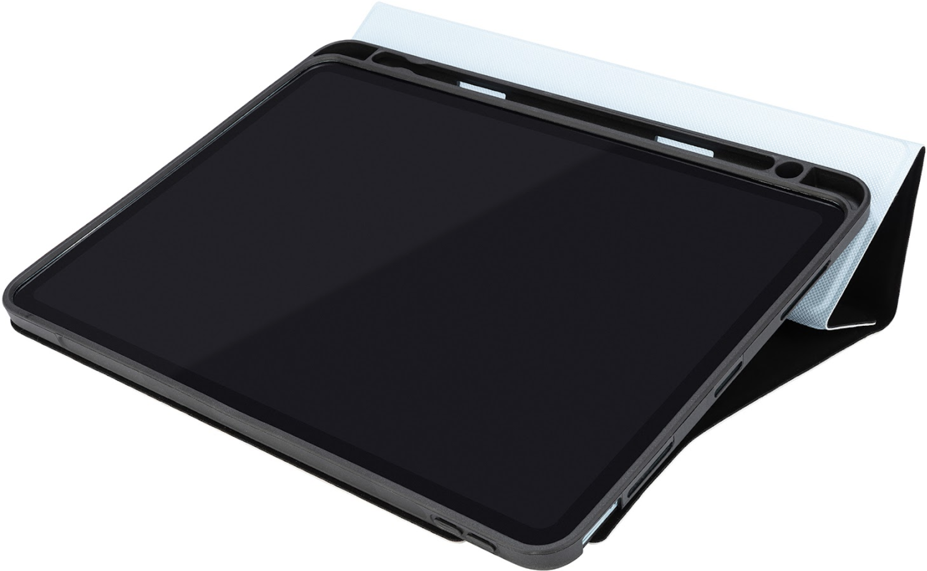 Tablet in einer schwarzen Hülle, mit dem Bildschirm nach oben, durch eine Abdeckung abgestützt.