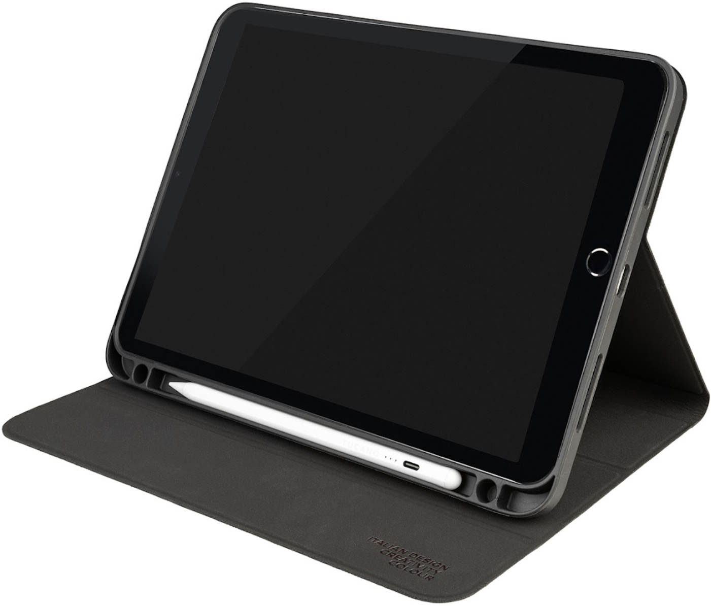 Tablet in grauem Gehäuse mit weißem Stift auf schwarzer Oberfläche.