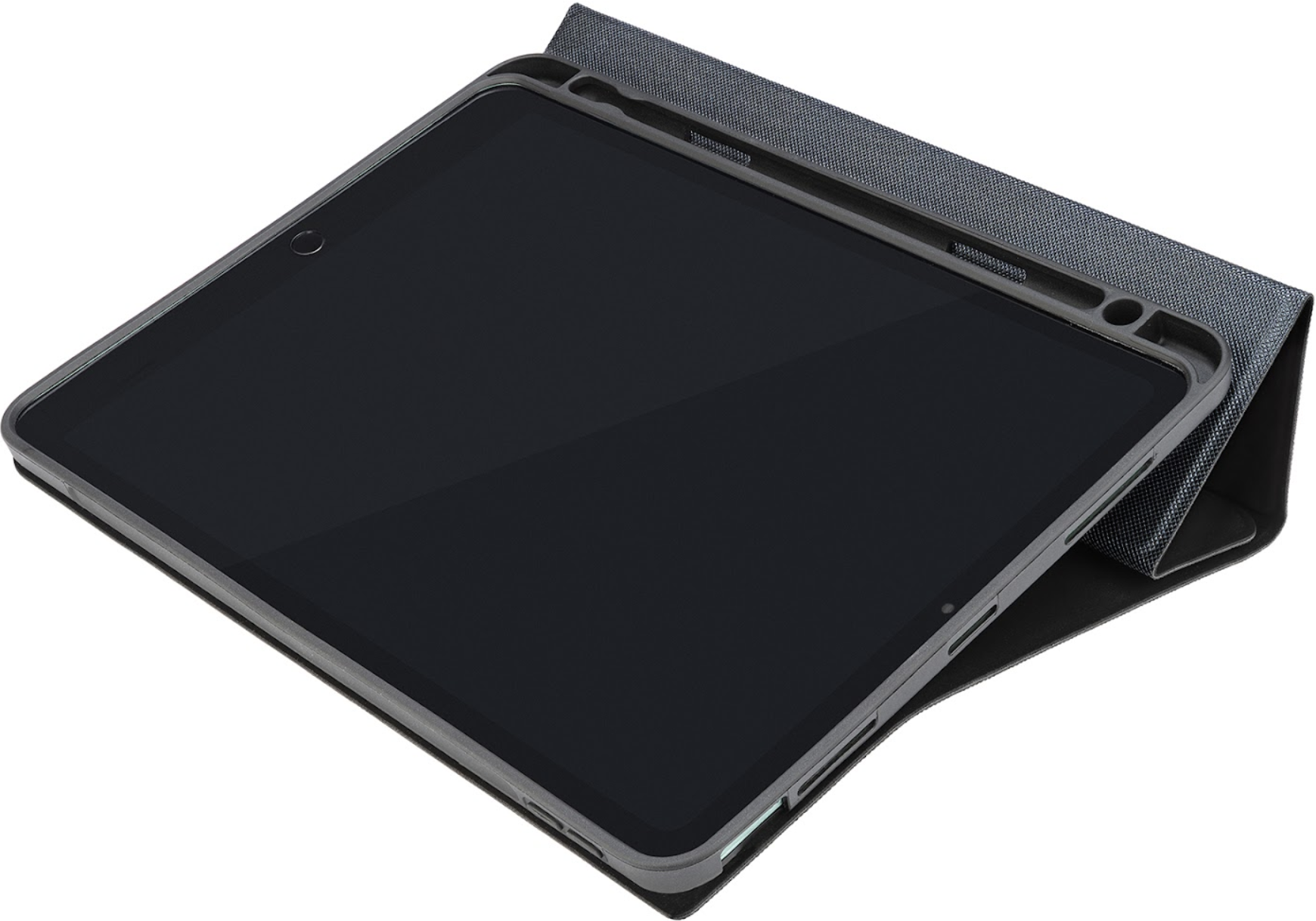 Ein iPad in einem grauen Gehäuse, leicht angewinkelt. Der Bildschirm ist schwarz. Weißer Hintergrund.