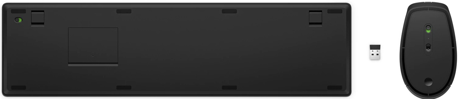 Black keyboard, mouse, and USB receiver on a white background. Keyboard is long; mouse is small.