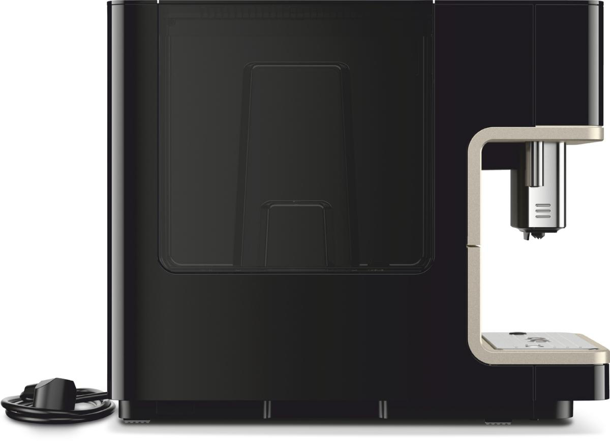 Eine schwarze und beige Kaffeemaschine. Die Kaffeemaschine hat ein schlankes Design.