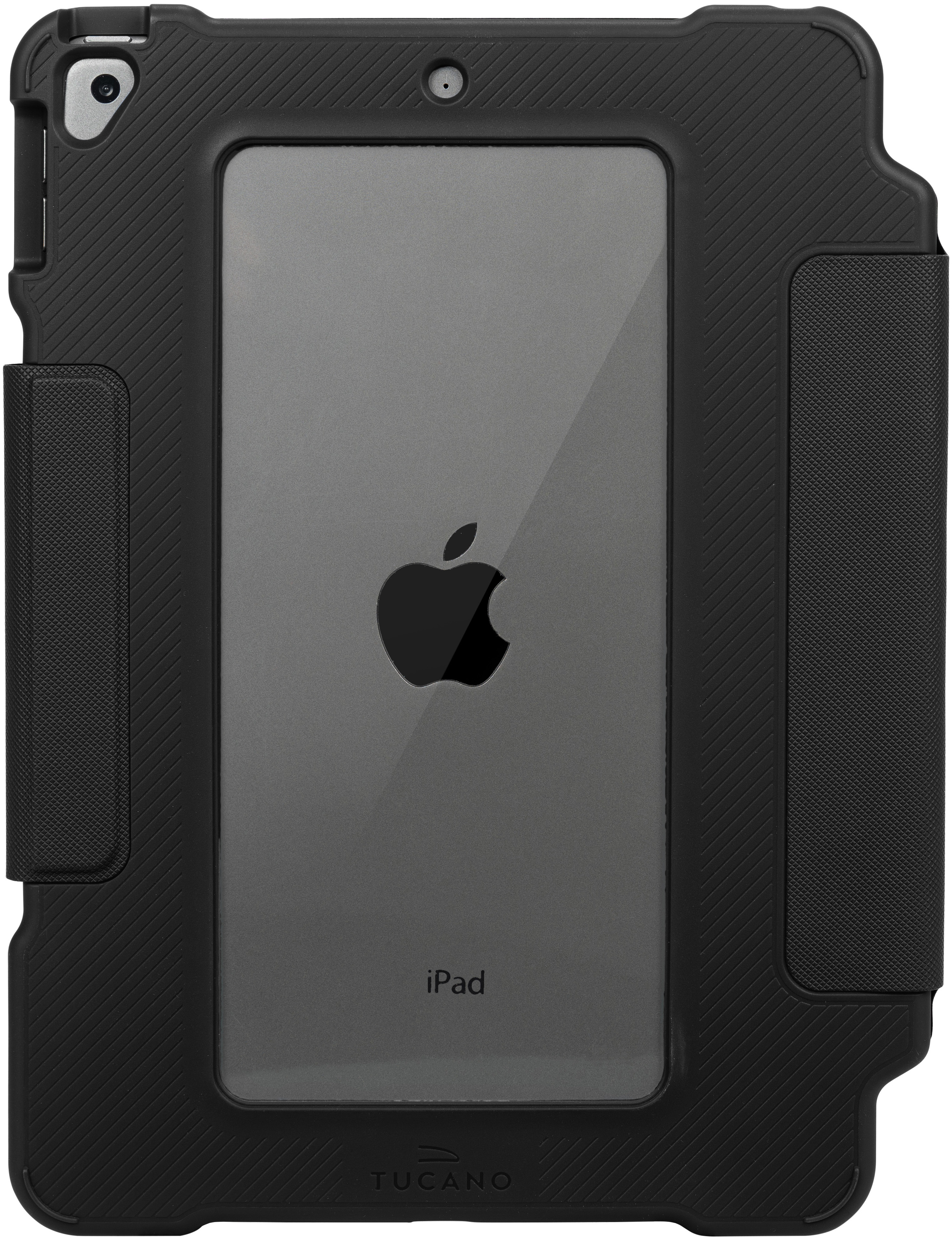 iPad noir dans un étui noir. L'étui a une face avant transparente.