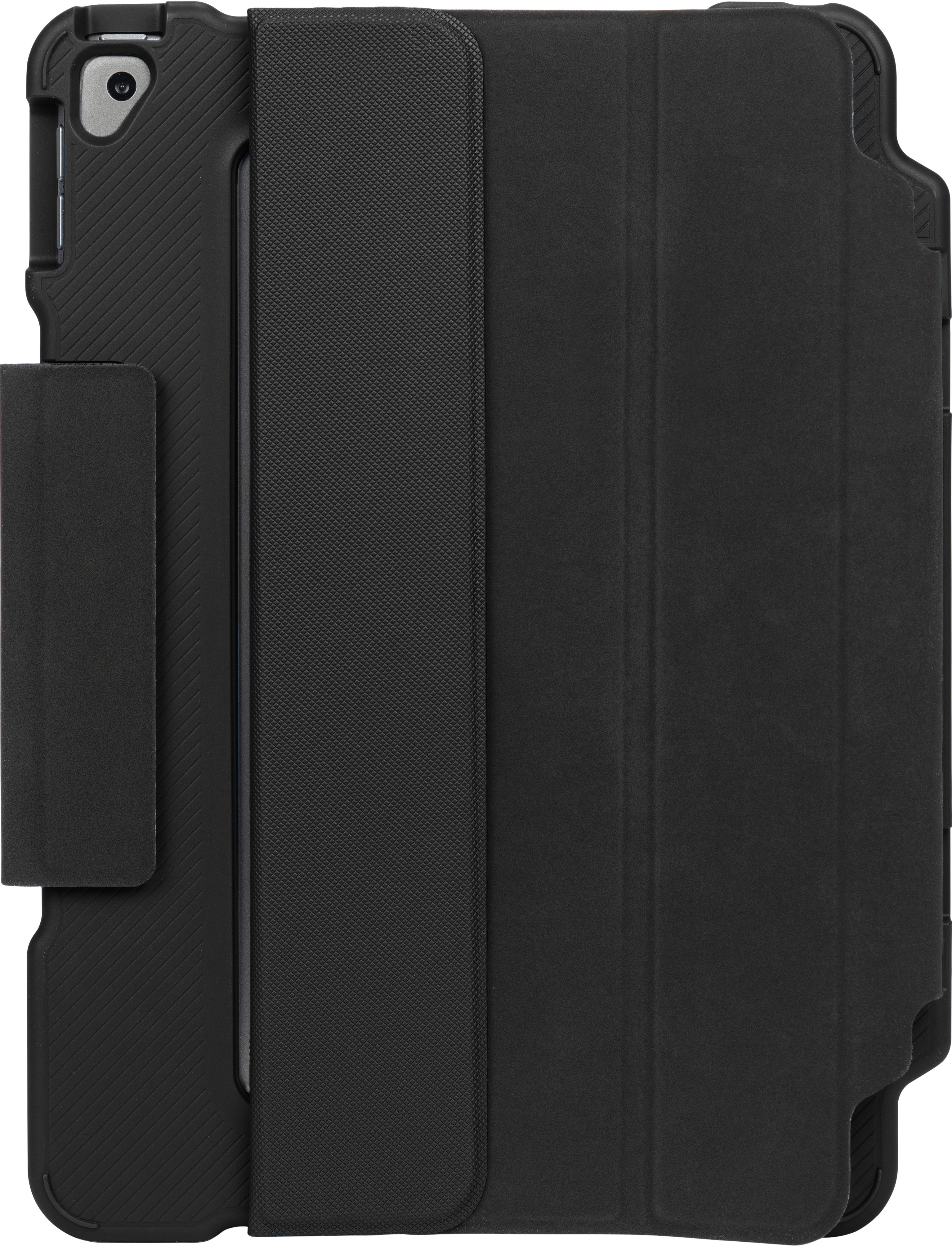 Étui de tablette noir, fermé, avec une sangle sur fond blanc.