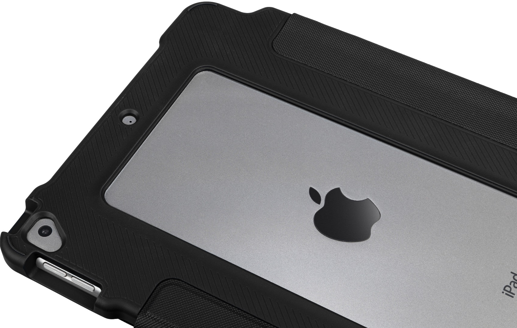 Gros plan d'une tablette avec un cadre noir et un dos argenté, montrant le logo Apple.