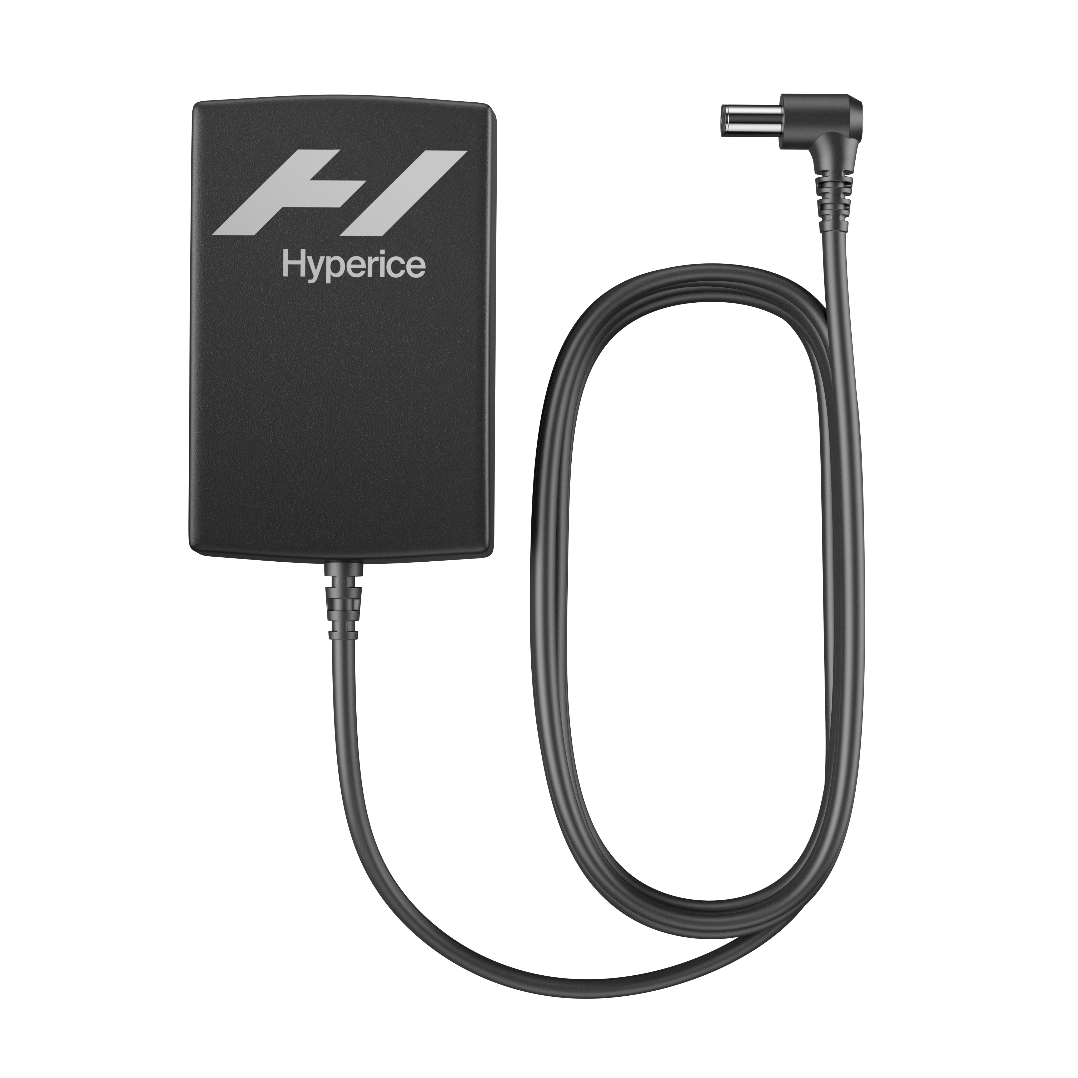 Ein schwarzes Hyperice-Netzteil mit schwarzem Kabel und silbernem Hyperice-Logo.