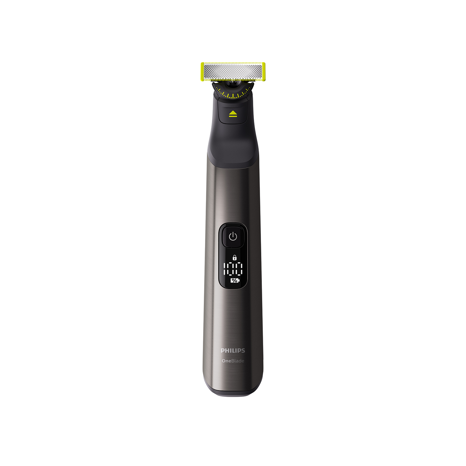 A dark gray Philips OneBlade trimmer with a digital display, showing battery life.