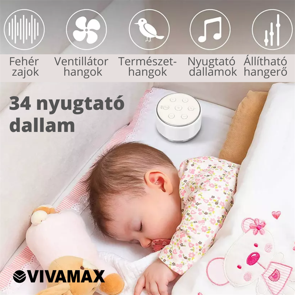 Egy baba alszik egy kiságyban egy fehér zajkeltővel, 34 altatóval.