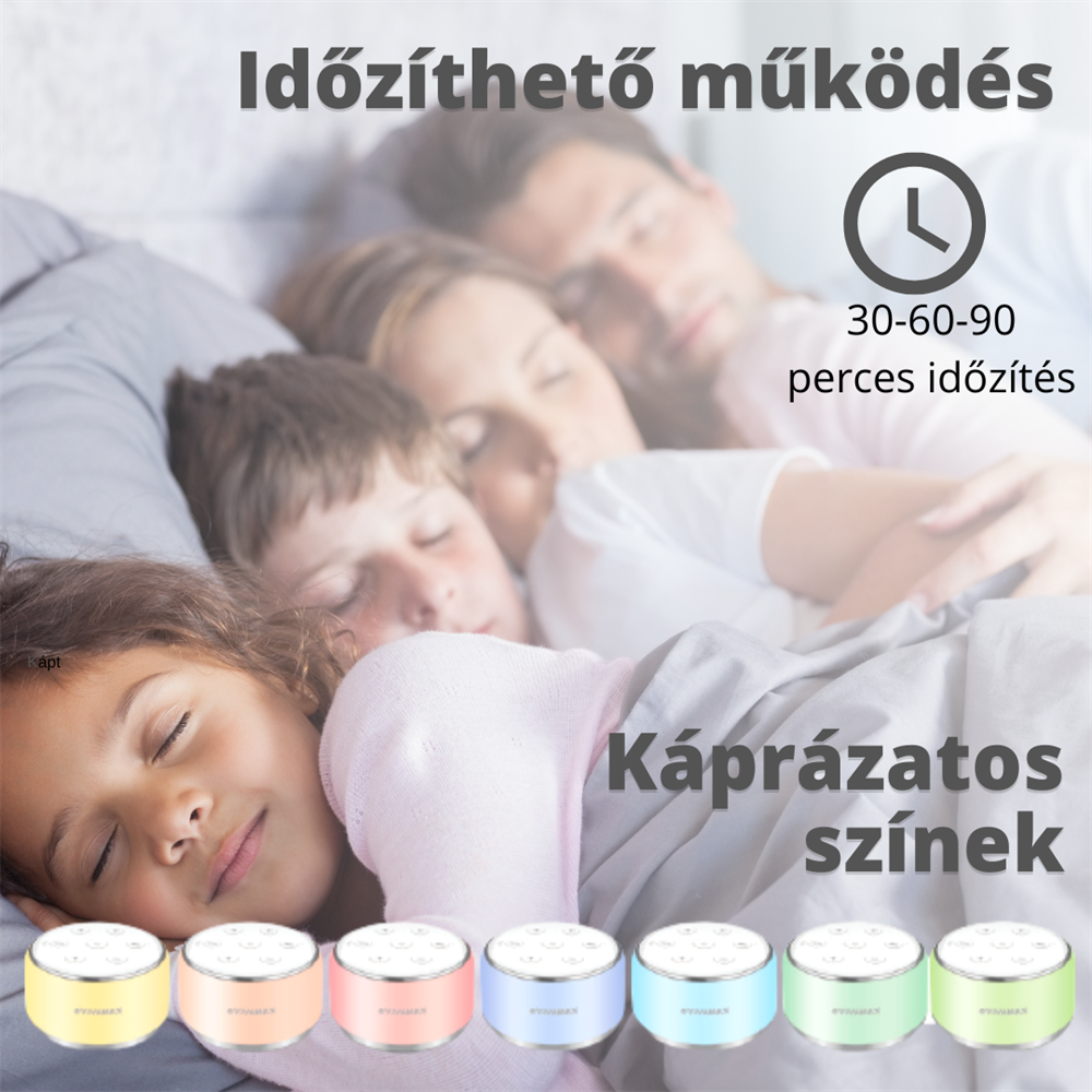 A kép három alvó embert és egy sor színes alvóhang-gépet mutat.