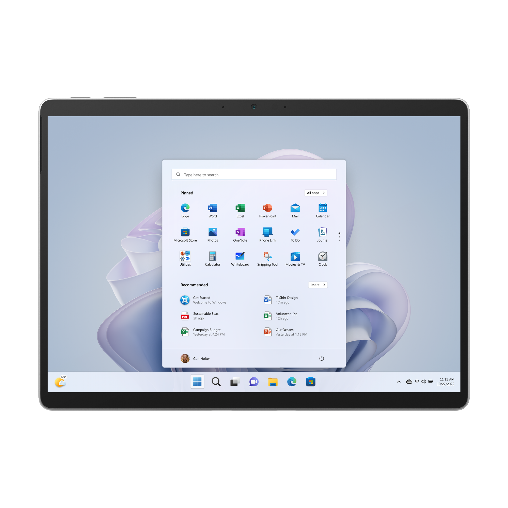 Una tableta que muestra el menú de aplicaciones de Windows, con un fondo gris y blanco.