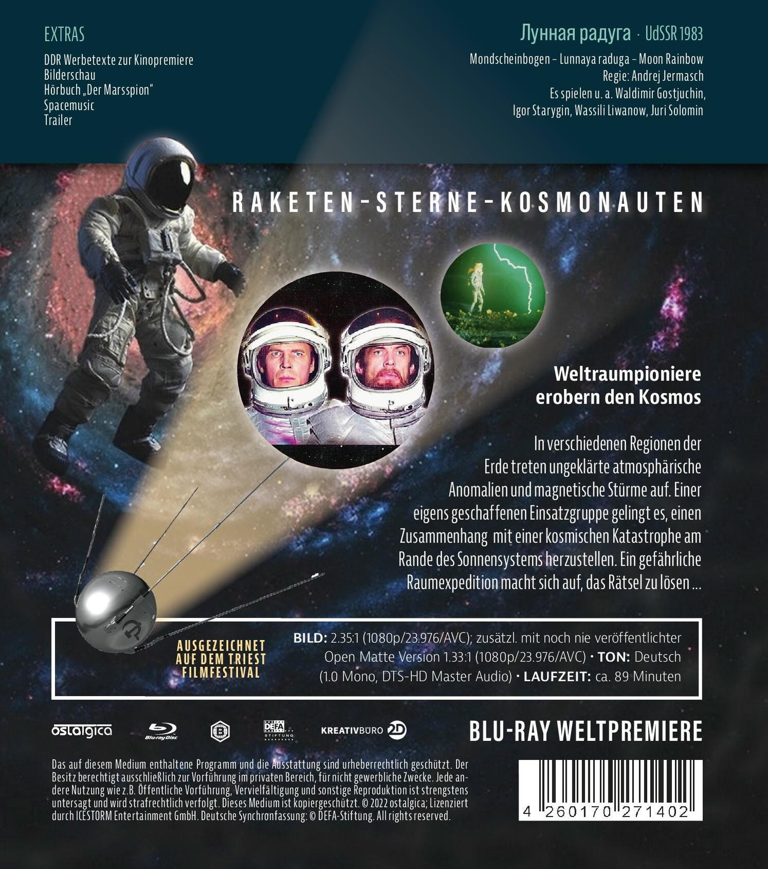 Blu-ray-Cover für einen Film über Kosmonauten. Enthält Bilder von Astronauten, einem Satelliten und Text in mehreren Sprachen.