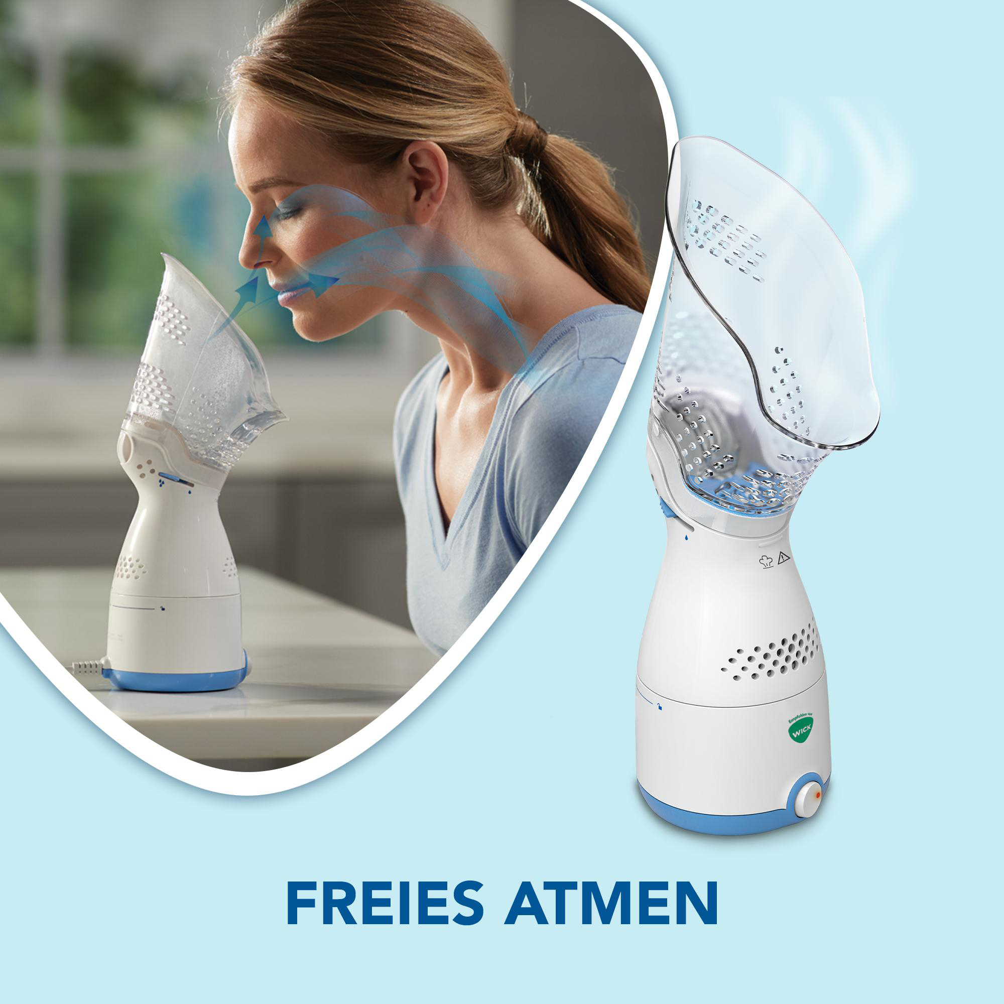 Frau benutzt einen Gesichtsdampfer. Er hat eine weiße Basis und eine transparente, blau getönte Maske.