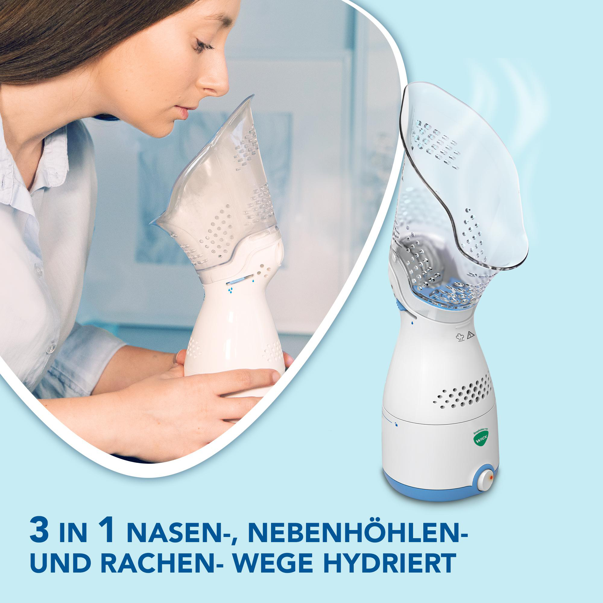 Frau benutzt einen weißen Gesichtsdampfer. Text: 3 in 1 für Nase, Nebenhöhlen und Rachen, hydriert.
